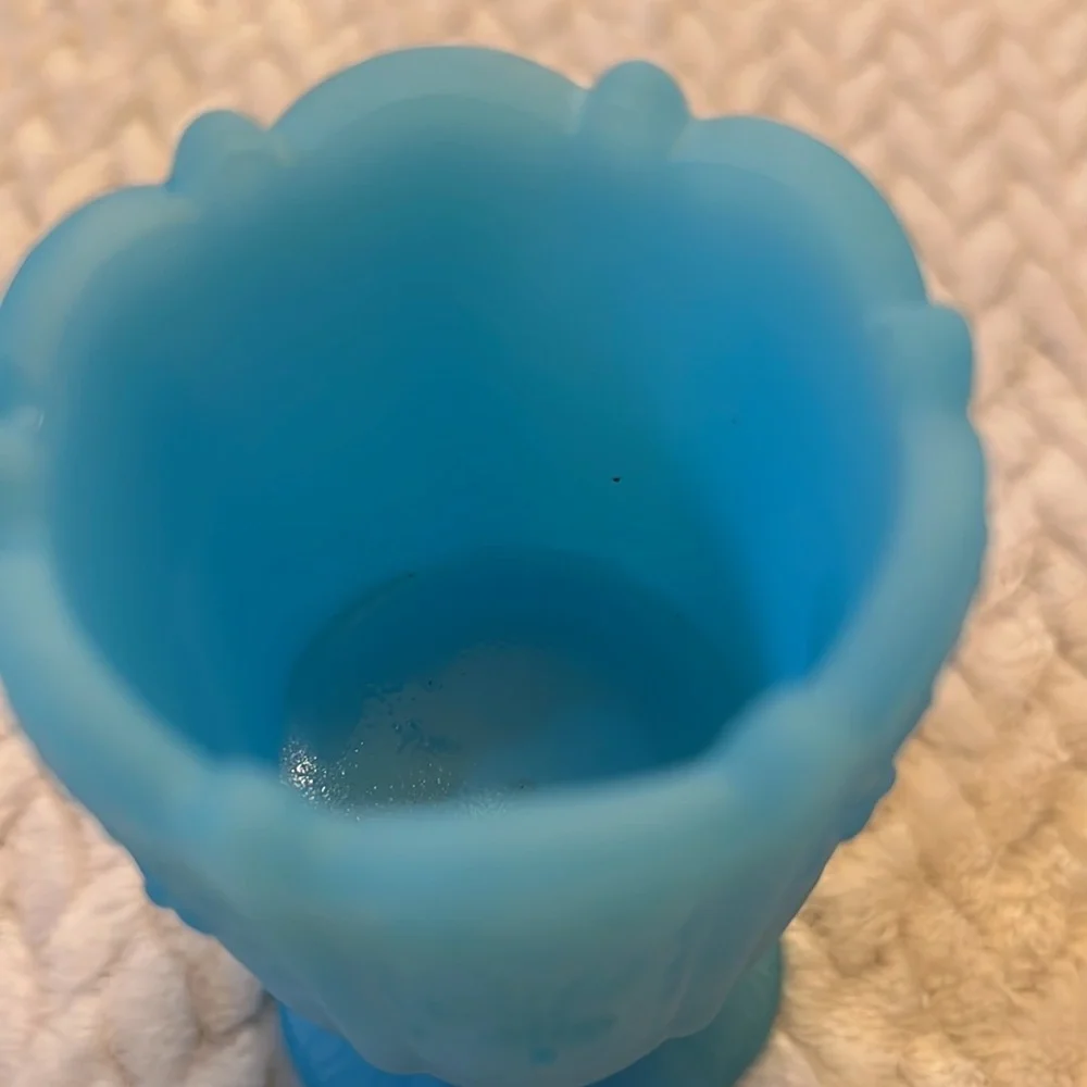 Fenton Panel Daisy Satin Blue Emboss Glass Vase Toothpick Candle Holder Vintage
